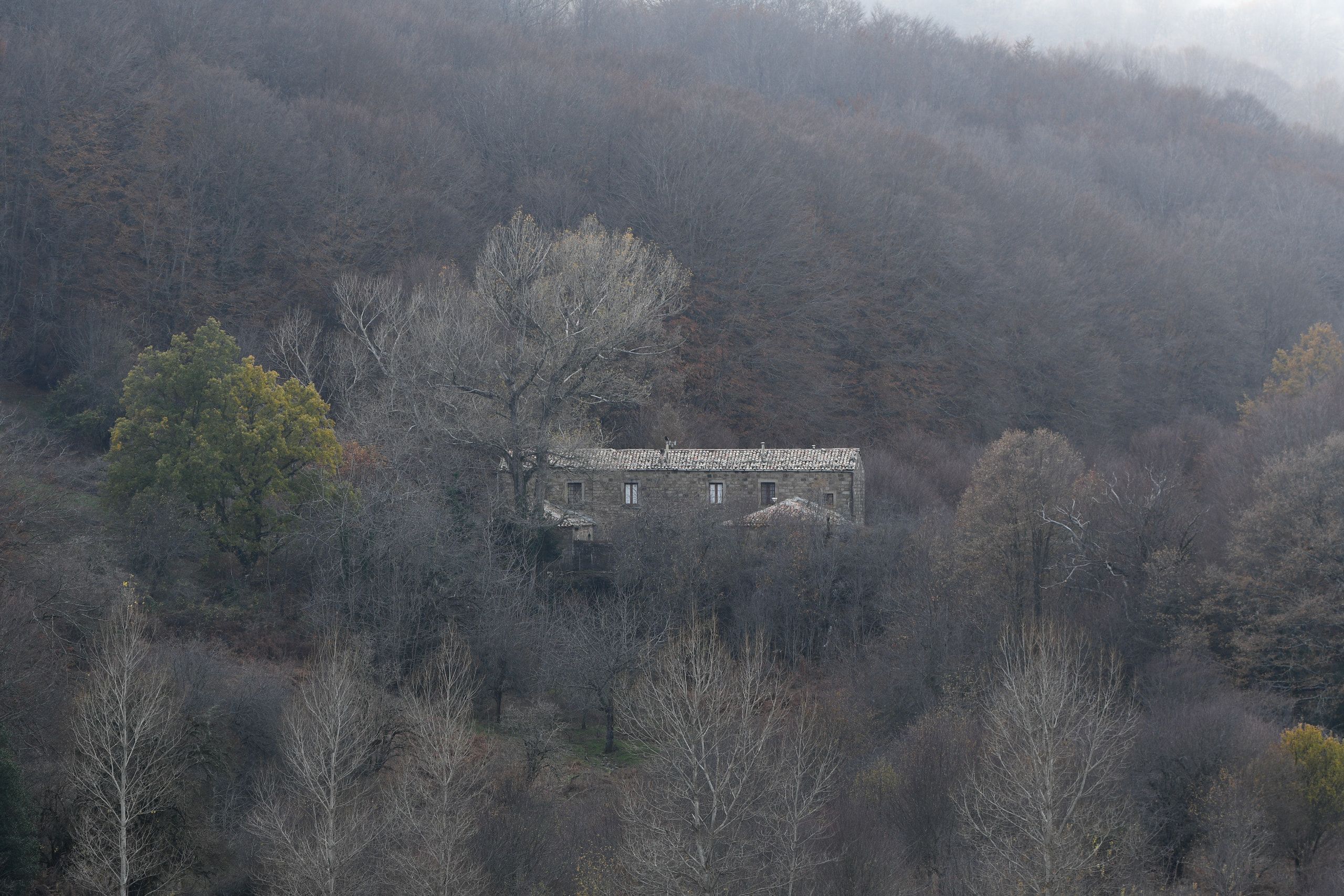 Un casolare in pietra tra alberi spogli, con la nebbia che sale sul versante