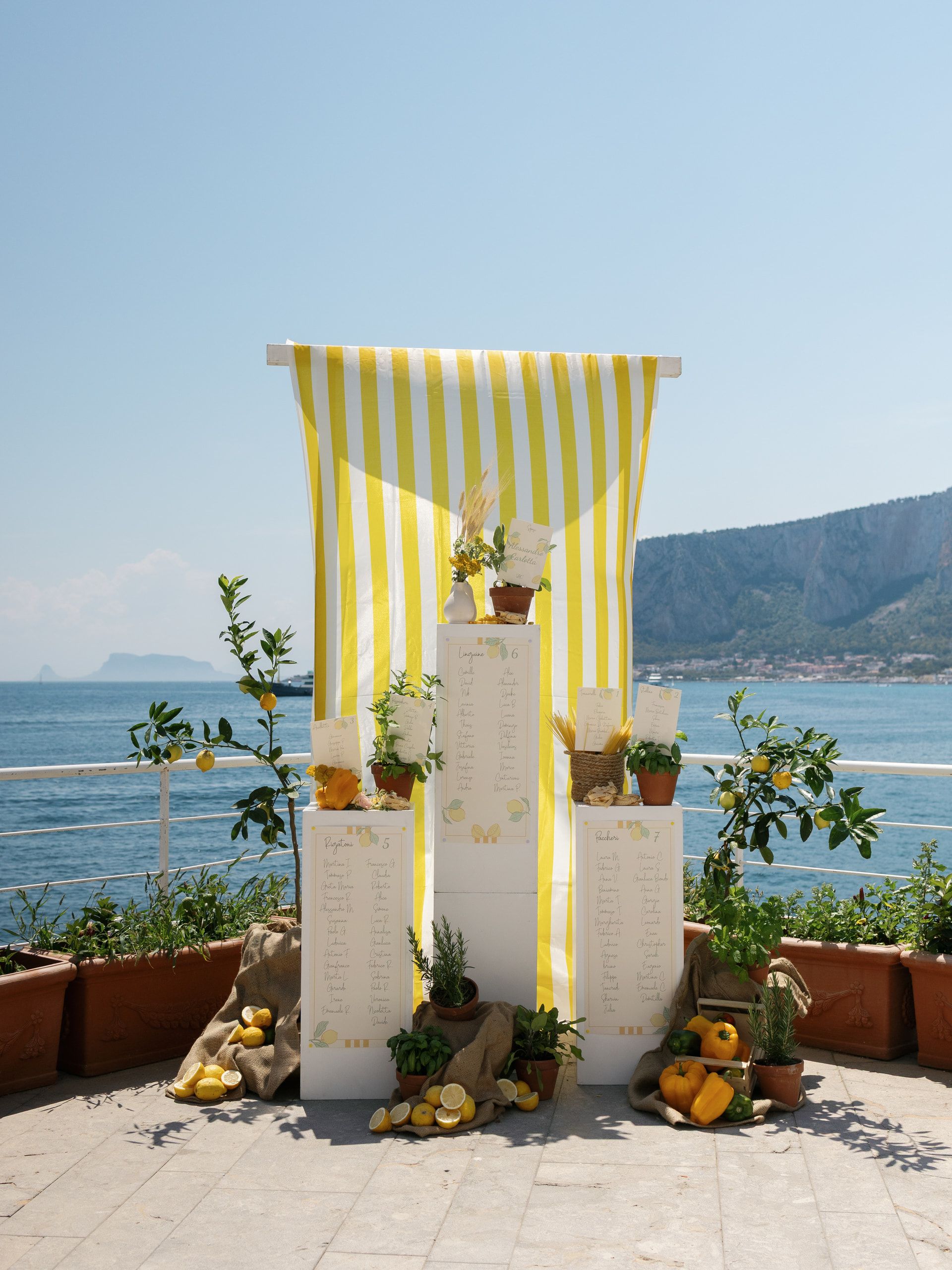 Il tableau sotto un drappo a righe gialle e bianche, fra vasi di limoni, con il golfo sullo sfondo